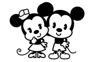 disegni kawaii da colorare disney Mickey e Minnie seduti fianco a fianco con un grande sorriso, un esempio di cute disegni Disney facili da stampare e personalizzare.