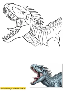 dinosauri da colorare Dinosauri da stampare e colorare: un imponente tirannosauro che spalanca la bocca ruggendo, mostrando denti affilati e lingua, con un modello a colori per bambini.