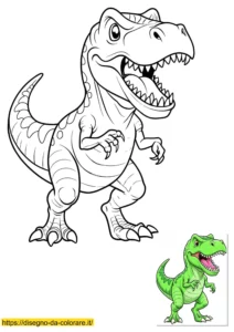 dinosauri da colorare e stampare T-Rex da colorare: un disegno per bambini da stampare che rappresenta un tirannosauro con la bocca aperta piena di denti appuntiti.