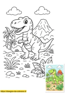 dinosauri da colorare per bambini Tirannosauro da colorare e stampare: disegno per bambini di livello facile con modello a colori d'esempio.