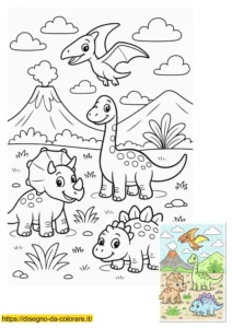 dinosauri disegni da colorare Dinosauri kawaii da colorare: disegno con 4 simpatici dinosauri in un colorato scenario preistorico, ideale per i bambini piccoli.