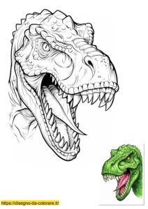 dinosauro da colorare Dinosauro da colorare: un disegno della testa di un T-Rex da stampare con modello a colori incluso per guidare i bambini.