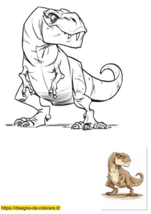 dinosauro disegno Dinosauro da colorare e stampare: un imponente T-Rex muscoloso in piedi che si guarda intorno, con modello a colori incluso accanto al disegno.