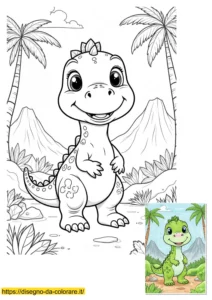dinosauro disegno bambini Dinosauro da colorare per bambini: un tenero dinosauro in stile kawaii che sorride in piedi nella foresta, disegno dolce e facile da colorare.