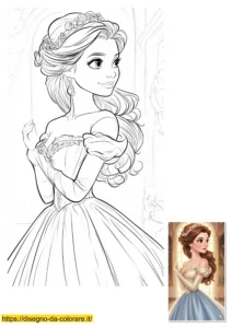 disegni da colorare delle principesse Principesse da colorare e stampare: disegno molto dettagliato di una bellissima principessa con abito maestoso, girata di lato con un sorriso. Ideale anche per adulti.
