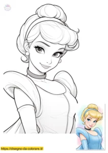 disegni da colorare principessa Disegni da colorare principesse: immagine da stampare di Cenerentola. Primo piano del viso con sorriso elegante e occhi affascinanti. Piccolo modello a colori incluso.