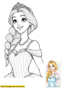 disegni delle principesse Disegno da colorare principesse: una principessa molto sorridente che guarda lontano con aria radiosa. Disegno da stampare ricco di dettagli con modello a colori allegato.