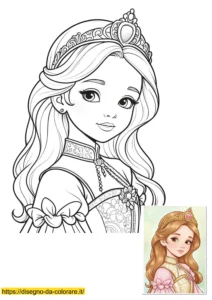 disegni principesse Disegno principesse da colorare: una bella e giovane principessa. Ritratto con bel viso, splendida capigliatura e corona reale con un enorme gioiello davanti.