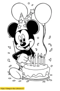 disegni topolino da colorare Topolino da colorare e stampare gratis: un disegno di Topolino a una festa di compleanno con una torta e dei palloncini.