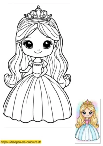 disegno da colorare principesse Disegni di principesse da colorare: principessa in stile kawaii ricca di dettagli. Include un modello a colori con abito blu e capelli biondi da stampare.