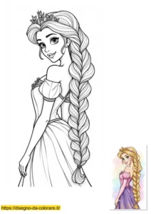 immagini da colorare delle principesse Principesse disney da colorare e stampare: disegno ispirato a Rapunzel con una lunghissima treccia di capelli. Illustrazione bellissima pronta per il download.