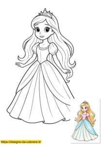 immagini di principesse da colorare Disegni principesse da colorare: giovane principessa in posa dignitosa con viso fine, capelli lunghi e grandi occhi. Modello a colori incluso per aiutare i bambini.