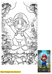 Supermario da colorare: Mario Bros in piedi nella foresta con il pugno alzato in segno di vittoria