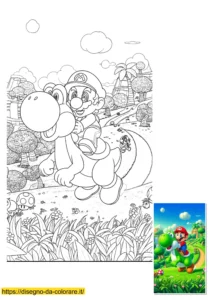Disegni da colorare mario bros : Mario Bros seduto sulla schiena del suo amico Yoshi