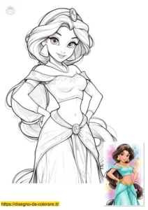 principessa da colorare e stampare Disegni delle principesse disney: Jasmine da stampare e colorare. È in piedi con le mani sui fianchi e sorride. Bellissimo disegno per i fan di Aladin.