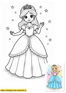 principessa disegno Disegno principessa: una bella principessa da stampare e colorare gratuitamente, mentre danza tra le stelle con il suo abito maestoso.