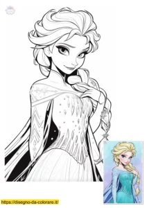 Principesse da colorare: la Regina delle Nevi in un disegno di alta qualità da stampare. Illustrazione bellissima per bambine con esempio colorato di riferimento.