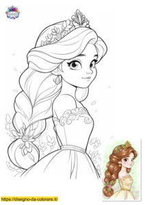 principesse da stampare e colorare Principessa da stampare e colorare: disegno di una principessa adolescente con capelli lunghissimi, una grande corona e un bell'abito. Modello a colori incluso per scegliere le tonalità giuste.