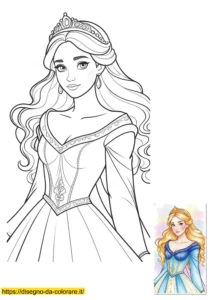 principesse disegno Principesse da colorare gratis: maestosa principessa in abito regale con corona. Bellissima illustrazione in stile fiabesco da scaricare e colorare per bambini.