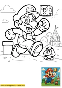 Super mario da colorare e stampare : Mario che corre nel Regno dei Funghi
