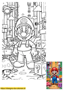 Super Mario da stampare e colorare: Mario si trova in un mondo pieno di tubi, sembra felice; il disegno include un modello colorato in basso a destra.