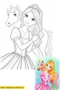barbie principessa disegno Un'immagine da colorare in cui si vede Barbie con il suo abito e la corona da principessa e, sullo sfondo, il suo bel cavallo. Il disegno è accompagnato da un modello colorato.