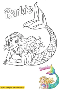 barbie sirena Un disegno di Barbie sirena da colorare per bambini con un modello già colorato allegato.