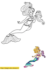 Barbie sirena Illustrazione da stampare gratuitamente per i bambini che amano Barbie sirena. Questo disegno facile da colorare è adatto ai piccoli dai 2 ai 10 anni.