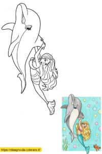 Un disegno che rappresenta Barbie sirena che nuota e gioca con un delfino in fondo al mare. Un disegno che rappresenta Barbie sirena che nuota e gioca con un delfino in fondo al mare.