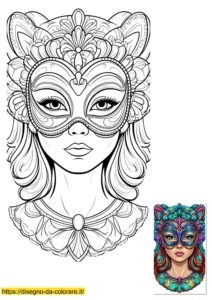 disegni da colorare carnevale Lo splendore di una bimba e i suoi disegni da colorare carnevale; un ritratto elaborato con maschera elegante e guida ai colori.