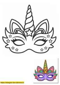 Magica maschera carnevale da colorare con corno di unicorno; facile e vivace per bambine, da ritagliare e personalizzare subito.
