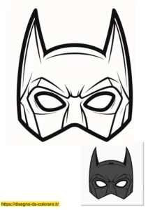 Semplici maschere di carnevale da colorare di Batman; disegno facile per bambini da ritagliare e indossare, con modello a colori.