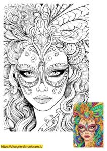Eleganti maschere di carnevale da colorare per adulti; disegno difficile di donna con piume, ideale per relax, con modello colorato.