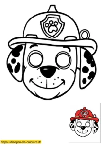 Marshall di Paw Patrol in divertenti maschere di carnevale da colorare per bambini; facile da ritagliare, con guida colori inclusa.
