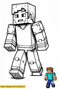 minecraft da colorare pdf Steve di Minecraft in un disegno da imprimere gratuito con un modello colorato in basso a destra per guidare i bambini nella scelta dei colori.