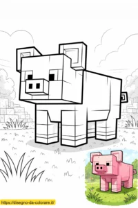 Maialino in questo disegno di minecraft da colorare per bambini, con un modello a colori in basso per aiutare a scegliere le tonalità giuste.