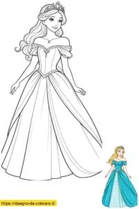 principessa barbie da colorare Un disegno facile da colorare in cui si vede Barbie principessa che indossa un magnifico abito e la sua corona.