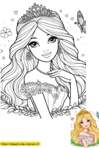 principessa barbie da colorare Magnifica Principessa Barbie da colorare. Indossa la sua corona e ha un viso perfetto. Questa immagine da stampare è fornita con un modello colorato per aiutare i bambini a colorare perfettamente.