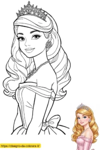 principessa barbie da colorare Immagine che rappresenta il viso di Barbie principessa in età adolescenziale, mentre indossa la sua corona, con una splendida acconciatura e un bel vestito.