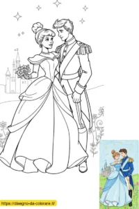 principessa barbie da colorare Un'immagine da stampare e colorare che mostra Barbie principessa e il suo principe azzurro con il castello sullo sfondo.
