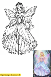 principessa barbie da colorare Barbie principessa da colorare che somiglia a una fata, poiché ha un bel vestito e delle ali magiche sulla schiena.