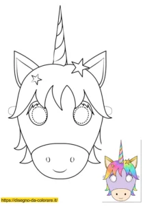 Ritagliare maschere di carnevale da colorare a forma di unicorno; disegno facile per bambini con modello colorato da indossare.
