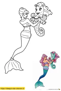 disegni di barbie sirena da stampare Disegno per bambini da stampare di Barbie sirena che gioca con un ippocampo. Un'immagine già colorata è fornita per scegliere i colori giusti.