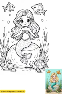 barbie sirena da colorare Uno dei nostri disegni da colorare e da stampare di Barbie sirena in versione Kawaii. È seduta su uno scoglio e circondata da pesci. Disegno da colorare di livello facile.