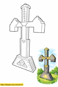 spada minecraft da colorare Spada di Minecraft in questa immagine da stampare e colorare, con un modello a colori in basso a destra per aiutare i bambini nella scelta.